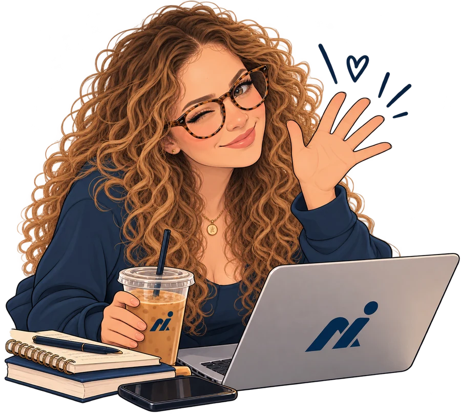 Ilustración de Emilia Aliaga saludando frente a su laptop